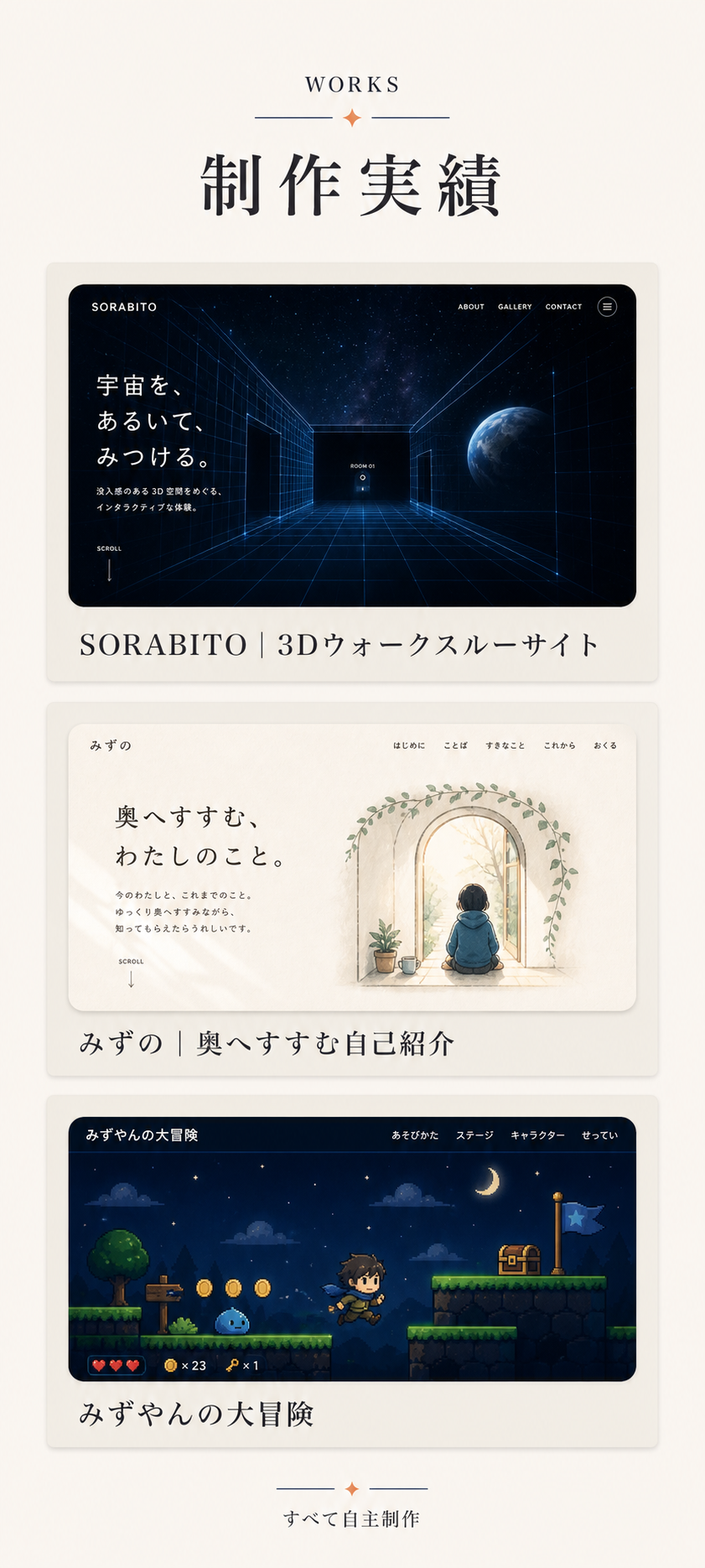 制作実績。SORABITO、奥へすすむ自己紹介、みずやんの大冒険の3作品